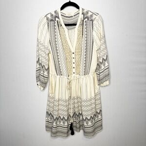Floreat Boho Mini Dress Size 12P Cream‎ Black Geometric Embroidered Tassel Tie